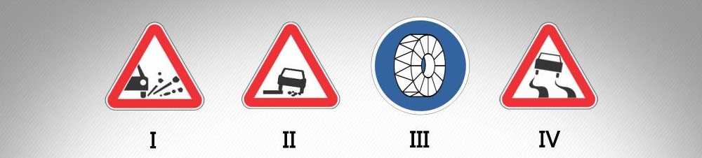 მოცემული საგზაო ნიშნებიდან რომელი აღნიშნავს გზის მონაკვეთს, რომელზეც მოძრავ სატრანსპორტო საშუალებას, არანაკლებ ორ წამყვან საბურავზე, სავალდებულოა დამაგრებული ჰქონდეს მოცურების საწინააღმდეგო ჯაჭვები?
