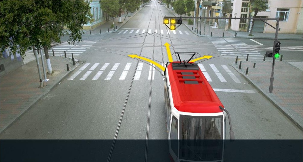 In which direction is the driver of the tram permitted to proceed the movement at given signal of the traffic lights?