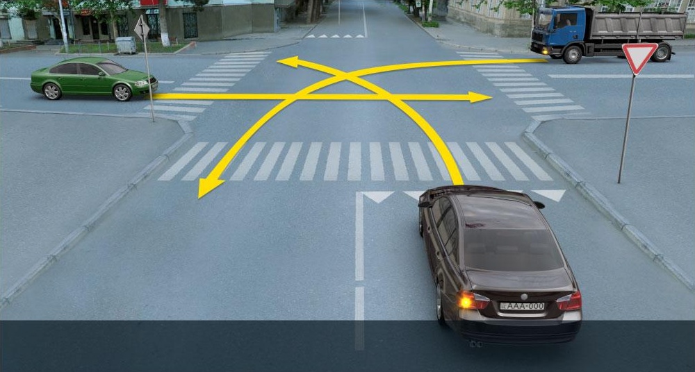 რომელი ავტომობილის მძღოლის მიმართ წარმოექმნება გზის დათმობის ვალდებულება სატვირთო ავტომობილის მძღოლს ისრის მიმართულებით მოძრაობის შემთხვევაში?
