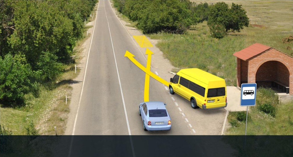 Which of the motor car drivers is obliged to yield when driving to the arrow direction in uninhabited area, if the route vehicle driver is starting to move from the stopping area?