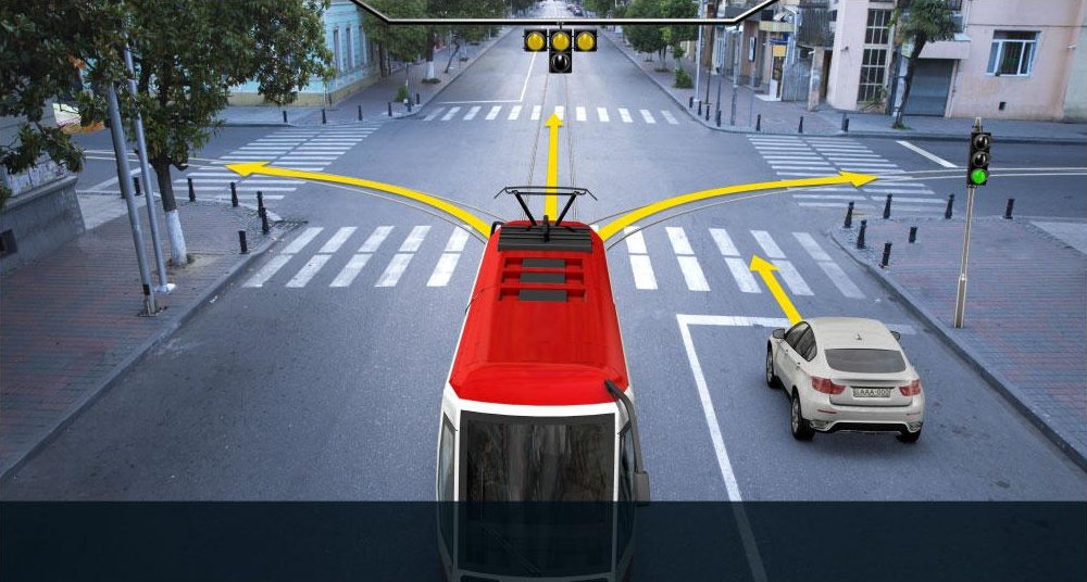 In which direction is tram driver allowed to proceed at this signal of the traffic lights?