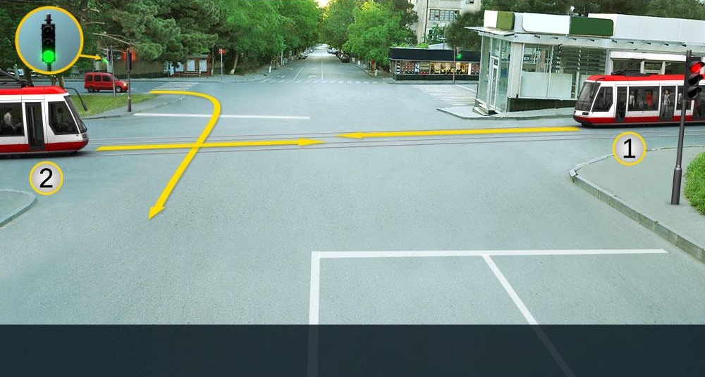 Which of the tram drivers will be obliged to yield to the motor car driver, when driving to the arrow direction?