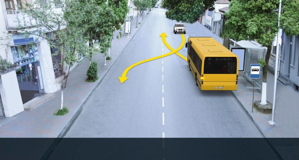 Which stopped vehicle driver has the right-of-way when starting motion to the arrow direction, if the route bus driver is starting to move from the marked stopping site in the inhabitted area?